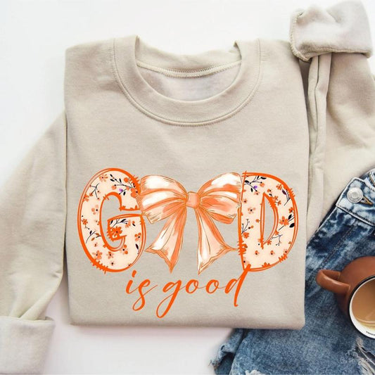 God is Good Coquette Bow Flowal Orange Version Unisex Crewneck Sweatshirt, Jesus Christian Bible Verse Religious Tee