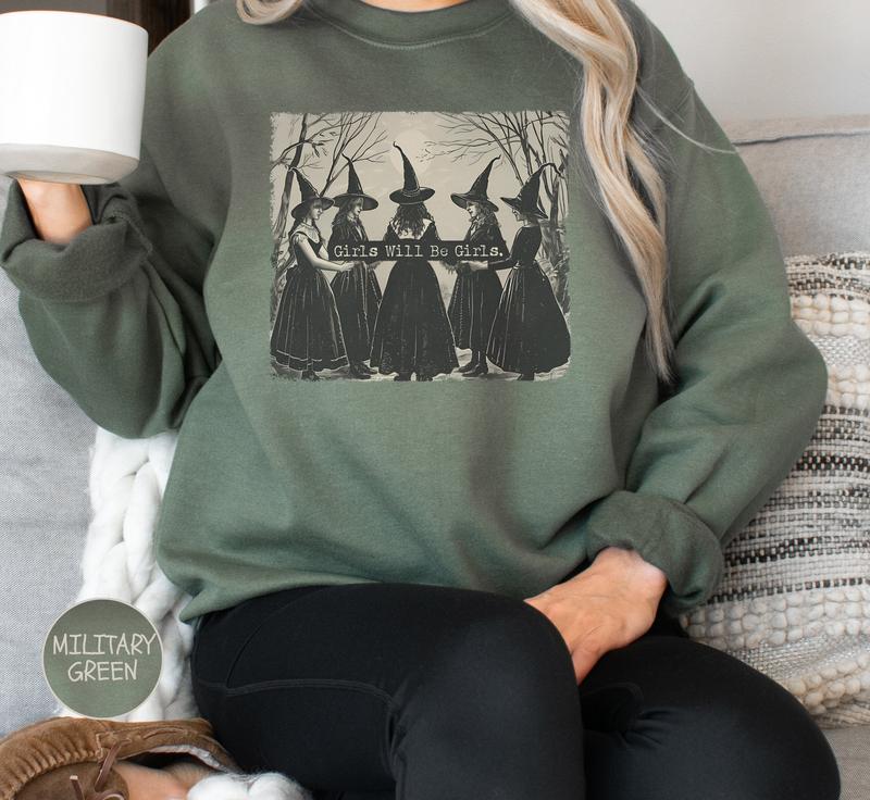 Vintage Girls Will Be Girls Witch Sweatshirt, Funny Witch Sweatshirt, Vintage Halloween Women Shirt, Witchy Vibes Sweatshirt