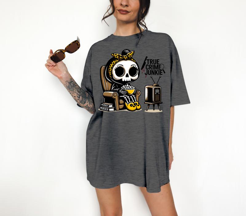 True Crime Junkie - T-Shirt, Cute Skeleton, Bright Graphic, Funny Apparel, Gift Idea, Relaxed Fit, Casual Apparel, Cute Top, Great with Jeans, All Sea