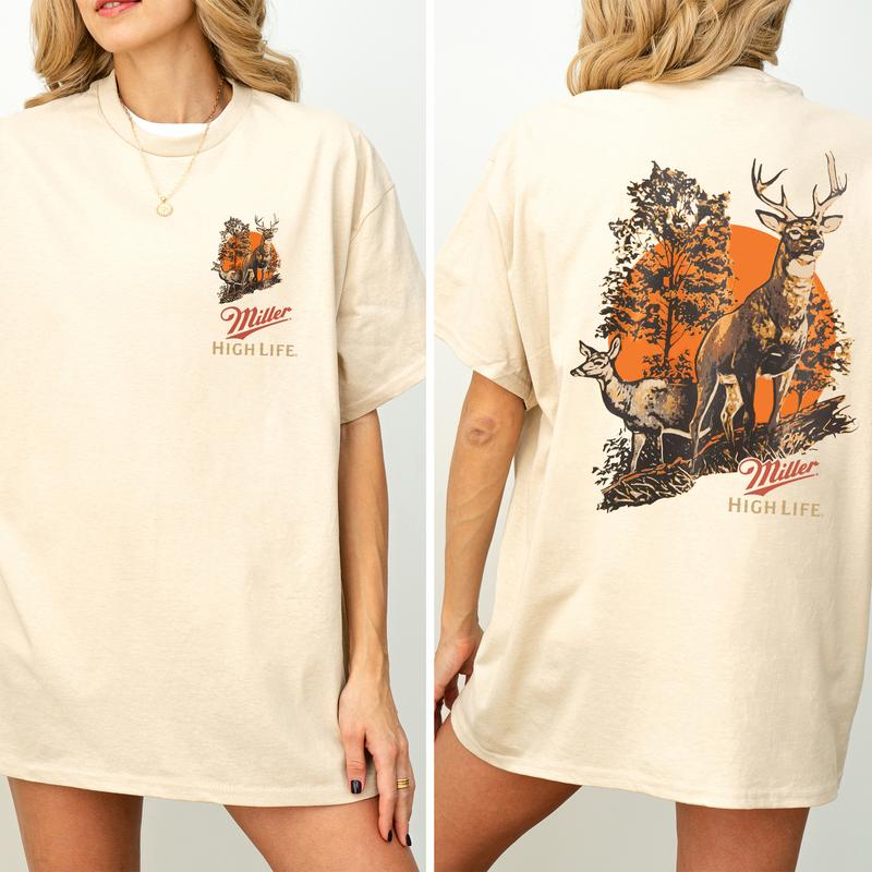 Vintage Miller High Life Deer Hunting 2-Sided Shirt, Men's Buck Hunting T-shirt, Unisex Hunter Tops, Beer Drinking Tshirt, Casual Cotton Womenswear