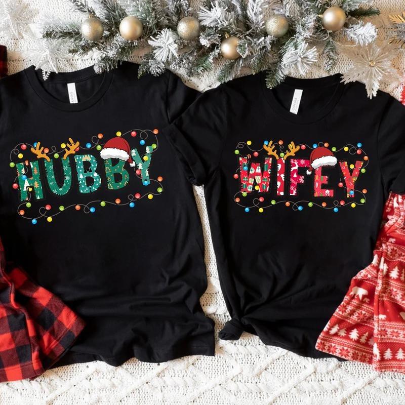 Christmas Wifey Hubby Shirt, Couple Costume 2024 Xmas T-Shirt, Matching Christmas for Husband Wife, Holiday Party Tee, Unisex Cotton Top