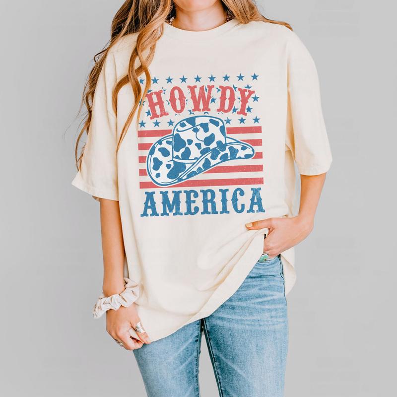Howdy America Shirt, 4th Of July T-Shirt, Cowboy Style Patriotic Tee, Independence Day Celebration, USA Flag Design, Retro American Pride Shirt, Women