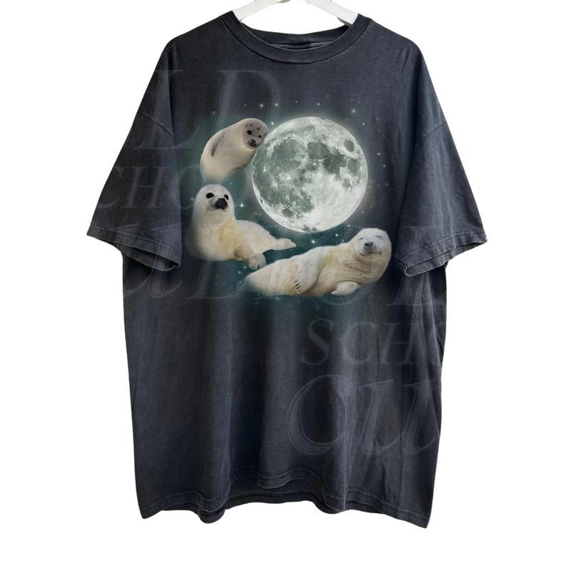 Three Baby Seal Vintage Graphic T-shirts, Retro Sea Dog Moon Tshirt, Relaxed Washed Unisex Adult Tee, Seal Lovers, Cute Sea Dog Tee Menswear Top Underwear Streetwear