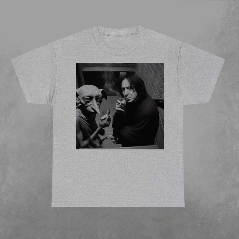 Snape and Dobby Smoking on Stairs Shirt, Dobby Sweatshirt, Wizard House Shirt, Wizarding Fan, Retro Funny Movie Graphic Shirt Classic Fabric