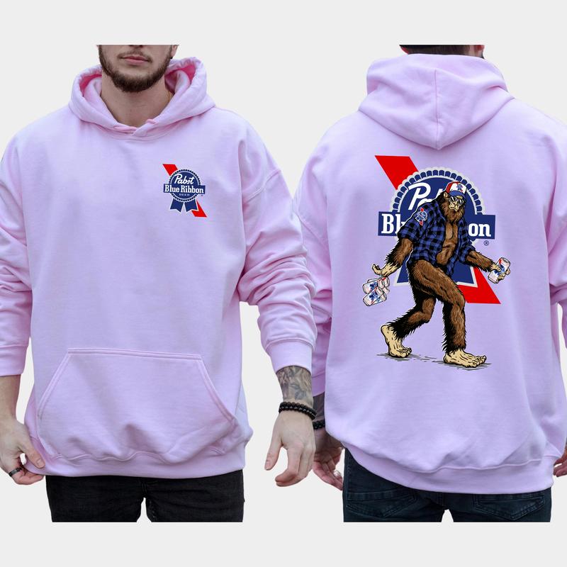 Men's Biggfoot Holding Pabst Blue Ribon 2-Sided Hoodie, Beer Drinking Hoodie, Funny Bigfooot Pullover, Unisex Drinker Tops, Cotton Classic Menswear