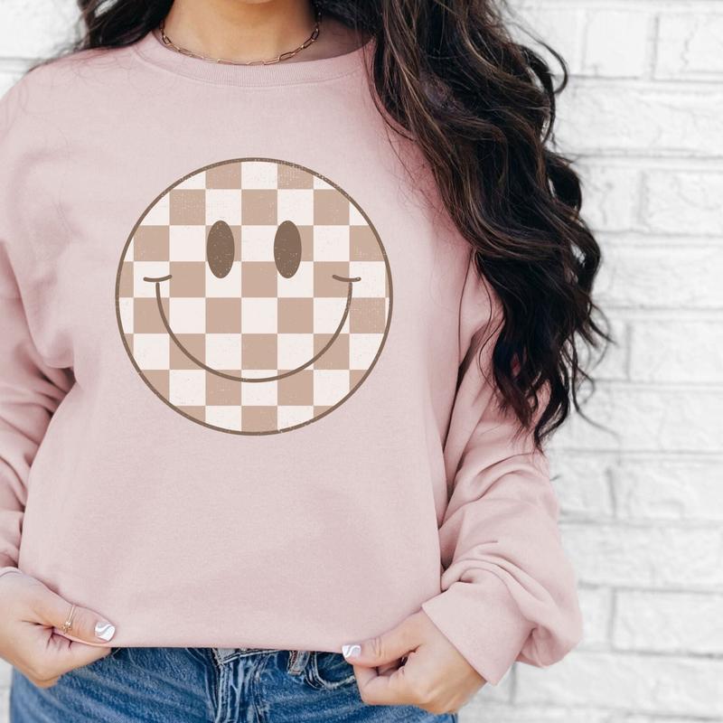 Checked Smiley Crewneck Sweatshirt, Womenswear Soft Printed Sweatshirt, Smiley Face Trendy Cozy Oversized Top