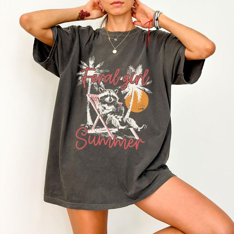 Feral Girl Summer Shirt, Feral Women Comfort Tee, Racoon Lover Shirt, Funny Raccoon T-Shirt, Beach Shirt, Beach Vacation Outfits, Trendy Summer Design, Feral Women Tops