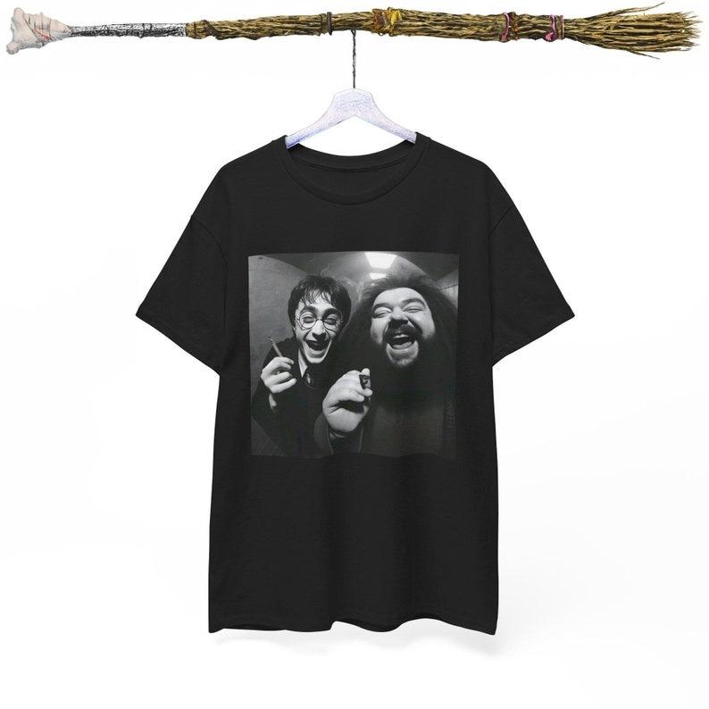 Funny Shirt, Harry And Hagrid Smoking Selfie T shirt, Potter Cctv Meme Tshirt, Black And White Wizard Tee, Gender Neutral 420 Apparel, Gift