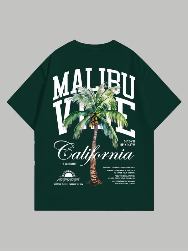 MMen's Coconut Tree & Letter Print Short Sleeve Tee, Regular FitÂ Casual Streetwear Graphic Round Neck T-Shirt, Graphic Tees,Â Men's Summer Graphic Tees Outfits