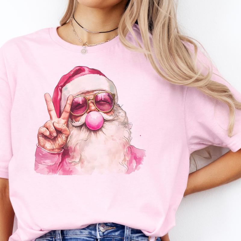 Retro Bubblegum Santa Peace Tee Christmas Santa Bubblegum Tshirt Funny Sunglass Santa Clause T-Shirt Christmas Bubblegum Santa Clause Top Womans Chris