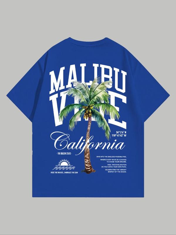 MMen's Coconut Tree & Letter Print Short Sleeve Tee, Regular FitÂ Casual Streetwear Graphic Round Neck T-Shirt, Graphic Tees,Â Men's Summer Graphic Tees Outfits