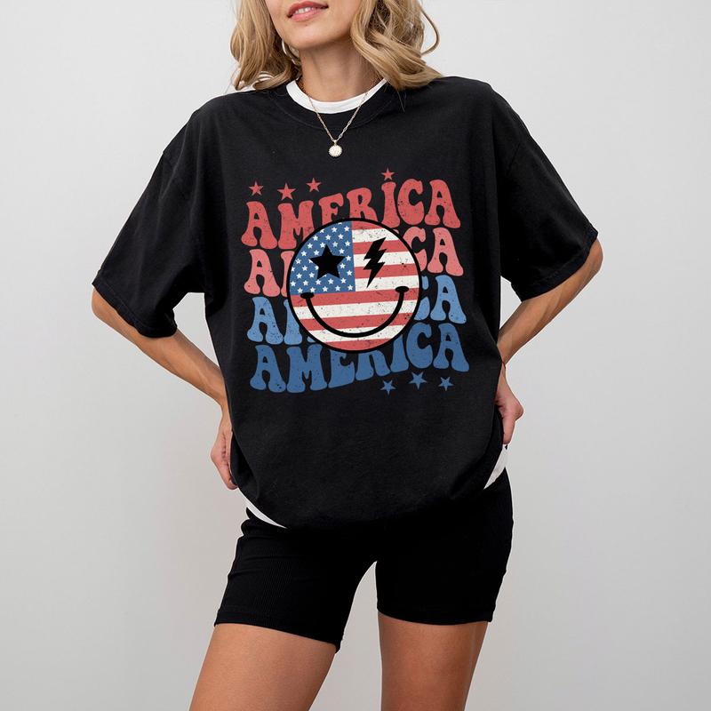 Retro Smiling America Shirt, Patriotic Shirt, 4th Of July Checkered Shirt, America Shirt, Independence Day T Shirt, USA Flag Shirt, Funny 4th of July Gift T-shirt, American Tee, Independence Day Parade Outfits, 4th Of July Women Top