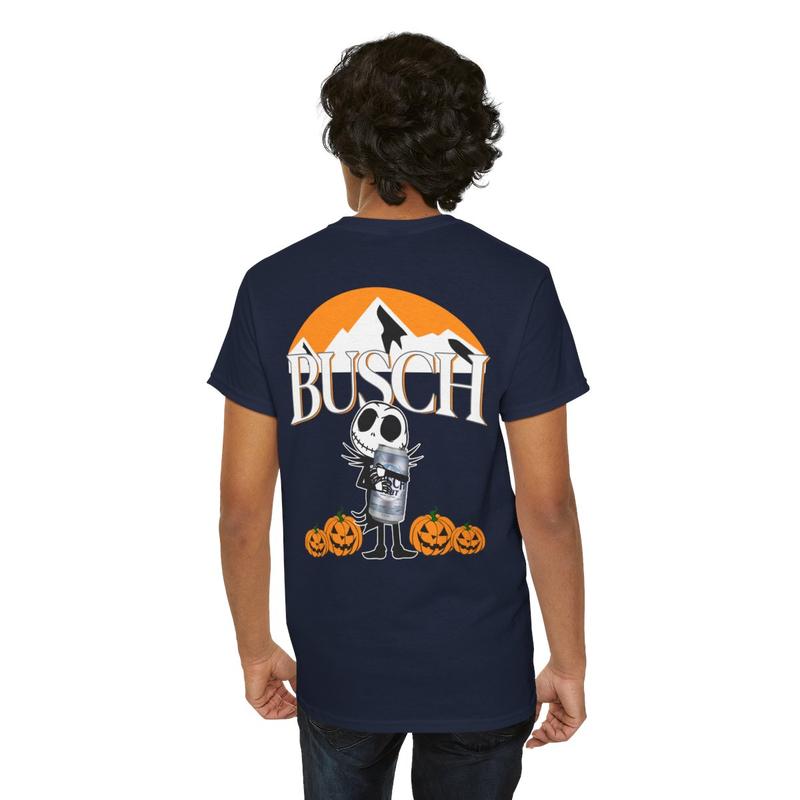 Busch Light Jack Skellington Hug Unisex Heavy Cotton Tee - Halloween Shirt - Pumpkins - Fall Vibe - Two Sided Shirt - Gift for Men and Women