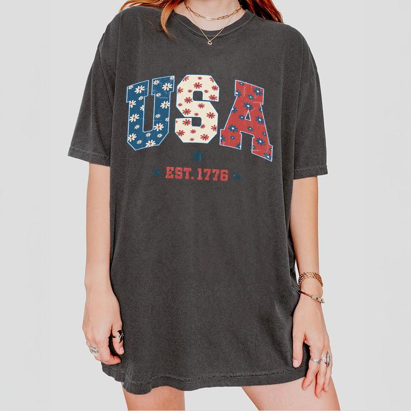 1776 America 4th of July Shirt, USA Floral Flowers Shirt, Comfort Shirt for Women, Retro America Shirt, 1776 Shirt, Comfort Oversized Tshirt, Independence Day Shirt for Her, Him, American Flag Tee, Fourth of July Shirt T-Shirt, July 4th Shirt, Women Top