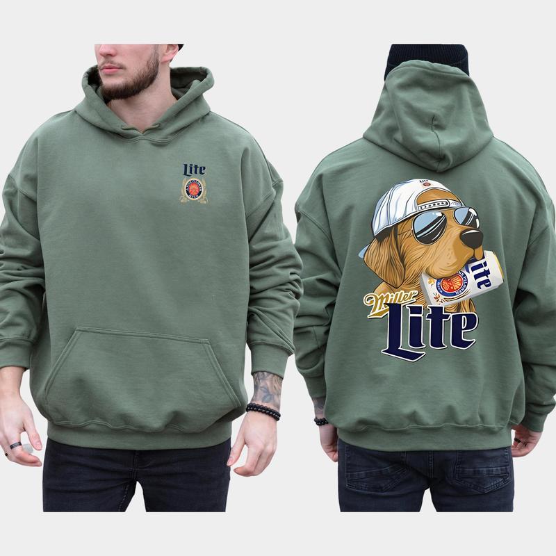 Vintage Miller Lite Hunting Dog 2-Sided Hoodie, Funny Men's Best Friend Dog Hoodies, Beer Drinking Sweaters, Unisex Drink Tops, Cotton Casual Menswear