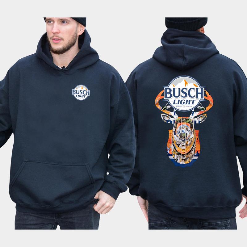 Vintage Busch Light Buck Hunt 2-Sided Hoodie, Men's Beer Drinking Hoodies, Deer Hunting Sweaters, Unisex Drink Tops, Comfort Cotton Casual Menswear, Long Sleeve Pullover