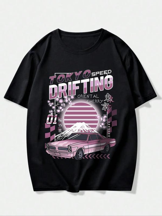 Men's Letter & Car Print Round Neck Tee,Â Summer Clothes, Casual Regular Fit Short Sleeve Crew Neck Graphic T-Shirt for Summer, Men's Top for Casual Wear