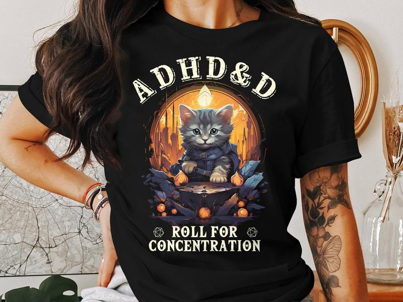 Dungeons and Dragons ADHD&D Roll for Concentration T-shirt, ADHA Cat DnD Vintage Tee, Funny Black Cat ADHD&D Unisex Shirt, RPG Gift