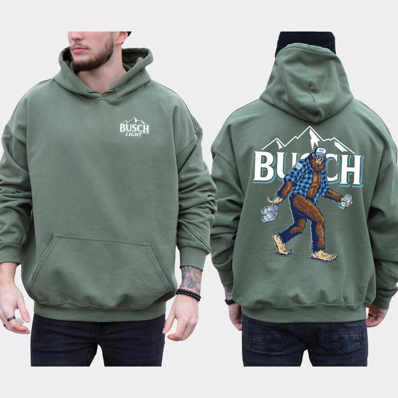Men's Biggfoot Holding Busch Light 2-Sided Hoodie, Beer Drinking Hoodie, Funny Bigfooot Drink Pullover, Unisex Drinker Tops, Cotton Classic Menswear