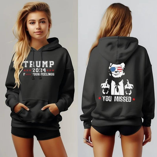 Western Trump Cowboy You Missed Flag Back Hoodie - 2 Side - Trendy Styles Available - Extensive Size Options - Multiple Colorways - Iconic Styles - Cross-gender Fashion
