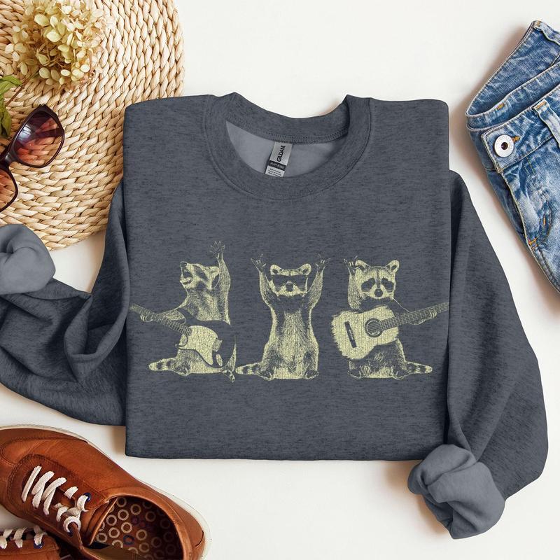 Raccoon Band, Playing Guitar, Funny Animals Sweatshirt, Crew Neck, Crewneck, Soft Unisex Graphic Casual Casual Comfort Womenswear ComfortableÃ‚Â Graphic
