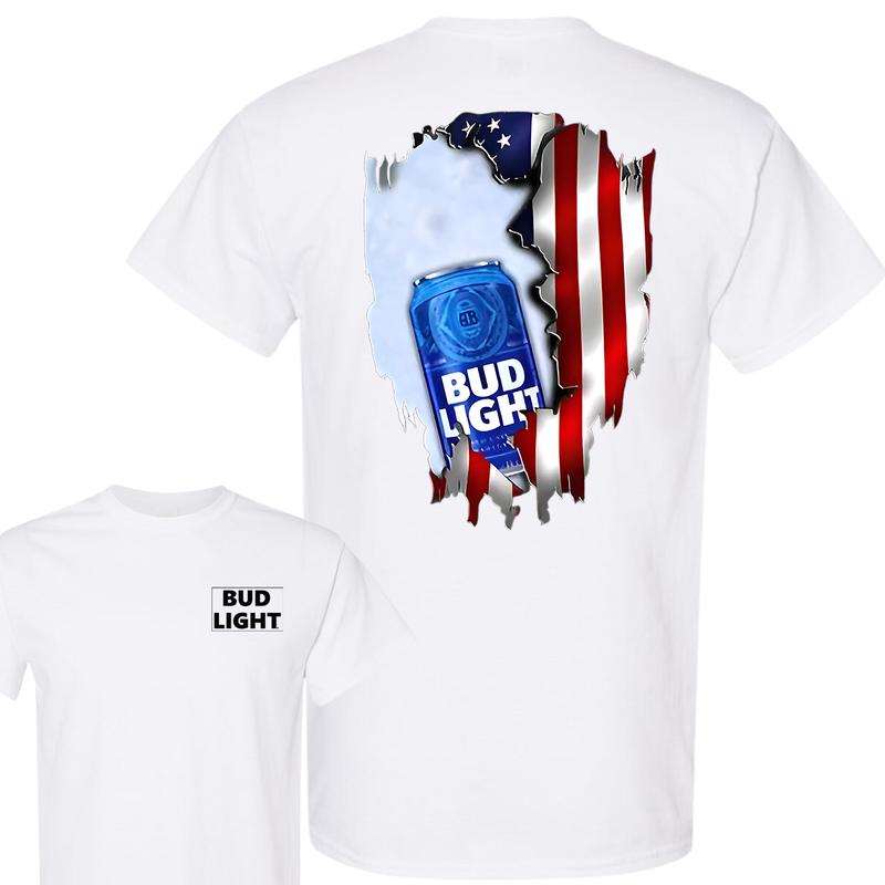 Bud Light Ripped American Flag T-Shirt, Unisex T-Shirt, Full Color, For Men, For Women