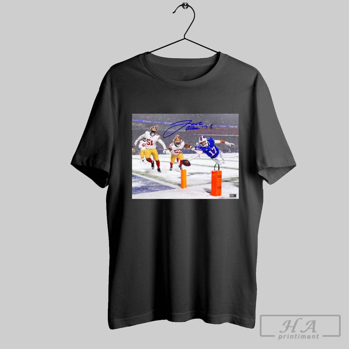 Poster Josh Allen Snow Buffalo Bills Vs San Francisco 49ers Pylon Dive Photo Signature T Shirt