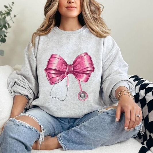 Coquette Nurse Stethoscope Bow Sweatshirt, Healthcare Worker, Nurse Appreciation, Nursing School, Future Nurse, Unisex Shirt, Gift For Her, Gift For H