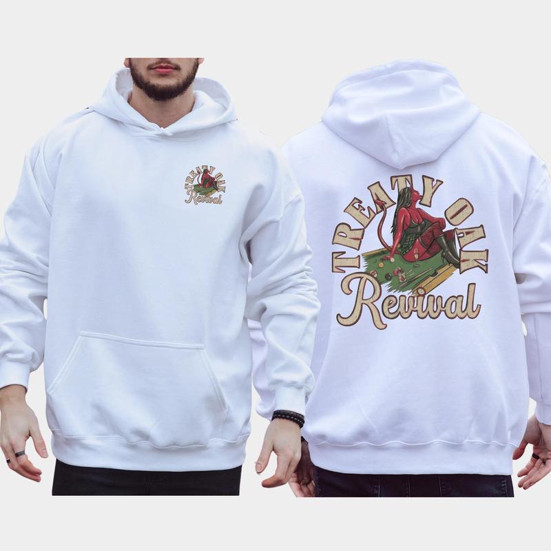 Men's Treaty Oak Revival Graphic 2-Sided Hoodie, Vintage Devil Girl on Billiard Board Concert Unisex Hoodies, Country Music Men's Tops, Comfort Cotton Casual Menswear, Classic Long Sleeve Pullover