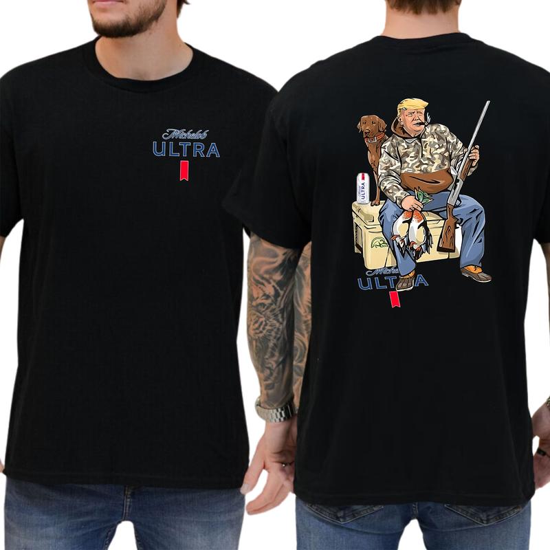 Camo Hunter Trummp With Michelob Ultra Beer Shirt 2-Sided, Funny Men's Hunting T-shirt, Beer Drinking Tee, Unisex Hunt Tops, Classic Casual Menswear