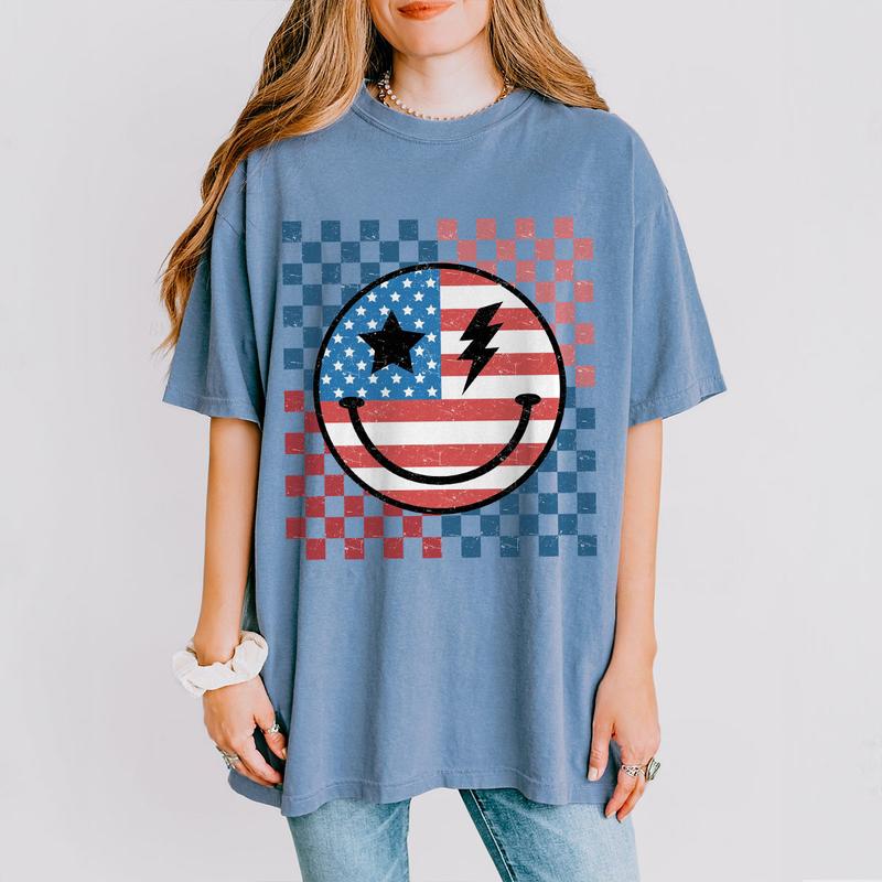 Retro Smiling 4th Of July Shirt, Patriotic Shirt, 4th Of July Checkered Shirt, America Shirt, Independence Day T Shirt, USA Flag Shirt, Funny 4th of July Gift T-shirt, American Tee, Independence Day Parade Outfits, 4th Of July Women Top Casual Comfort