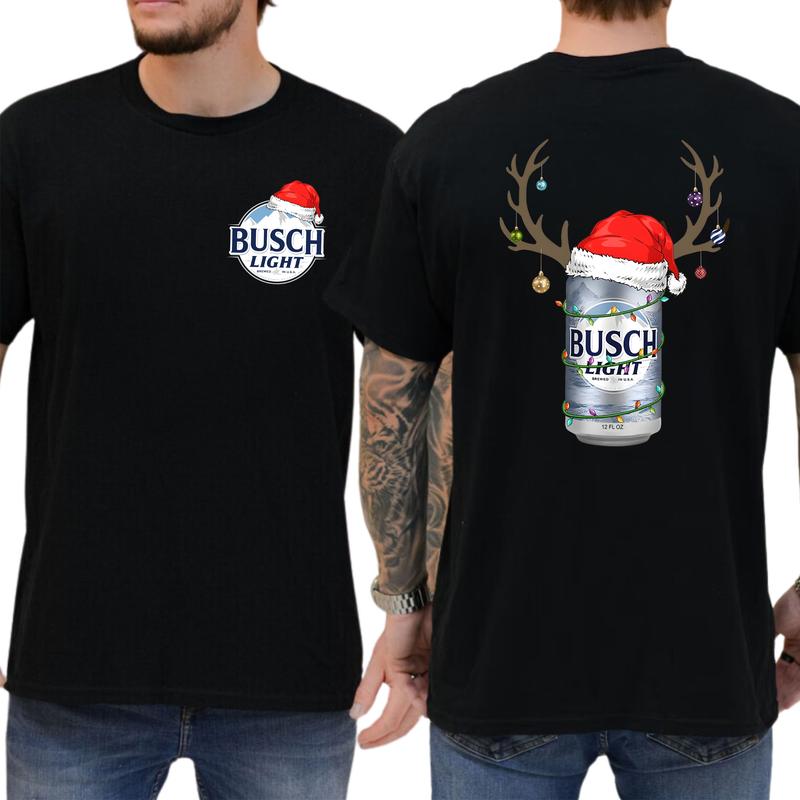Christmas Deer Busch Light 2-Sided Shirt, Funny Men's Beer Drinking Tee, Drink Tops for Men, Christmas Drinker Tshirt, Classic Cotton Casual Menswear