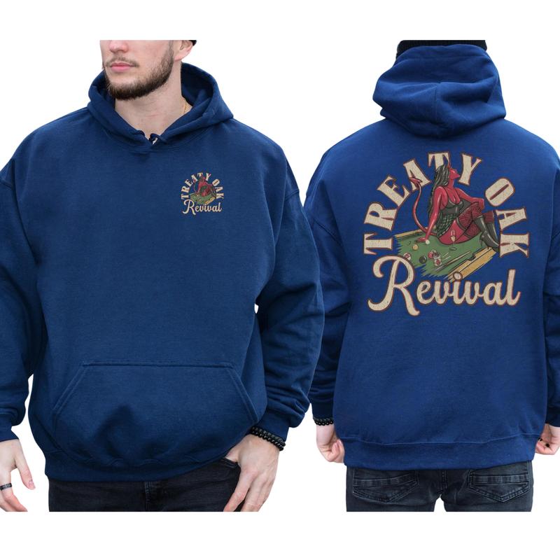 Men's Treaty Oak Revival Graphic 2-Sided Hoodie, Vintage Devil Girl on Billiard Board Concert Unisex Hoodies, Country Music Men's Tops, Comfort Cotton Casual Menswear, Classic Long Sleeve Pullover