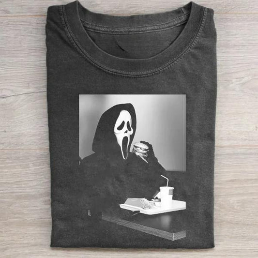 Vintage Halloween Graphic T-shirt, Ghost Face Eat Hamburger Tee, Horror Movie Shirt, Horror Character, Funny Halloween Shirt, Unisex T-Shirt, Gift For