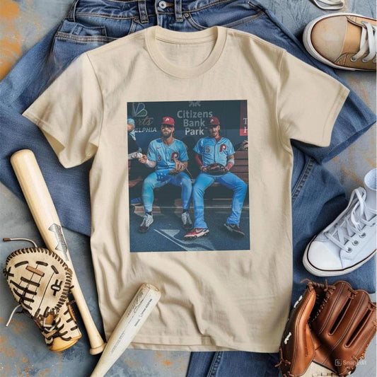 Bryce Harrper and Bryson Stott Dugout Phillies Shirt, Philladellphia Baseball Red October Playoffs Season Game Day Unisex Tee