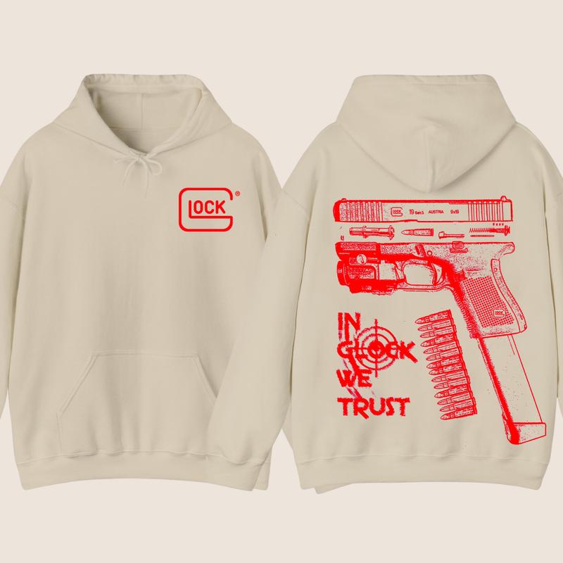 Classic IN GLOCK WE TRUST Double Side Hoodie - Full Color Red Design, Unisex Sweatshirt with Long Sleeve, Glock Shirt