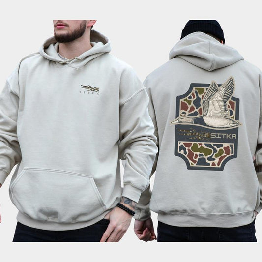 Classic SITKA Camo Mallard Hunting 2-Sided, Camouflage Printed Hoodie for Men, Duck Hunt Pullover, Unisex Hunter Tops, Classic Casual Menswear