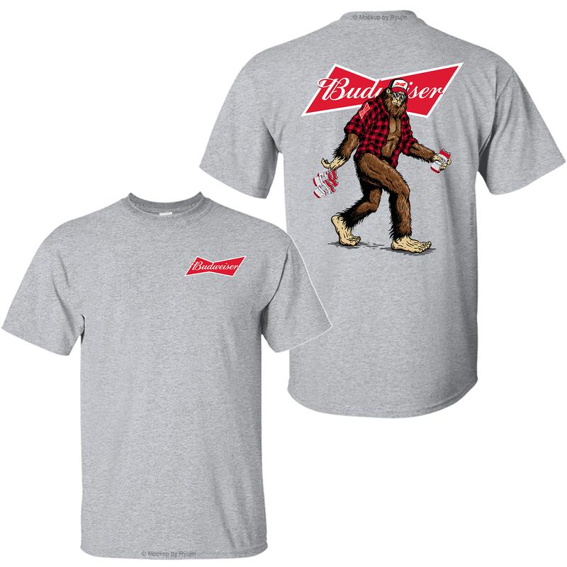Bigfoot Budweiser T-Shirt, Sasquatch Holding Budweiser Beer Cans 2 Sided Graphic Printed Unisex Classic Comfort Cotton T-Shirt