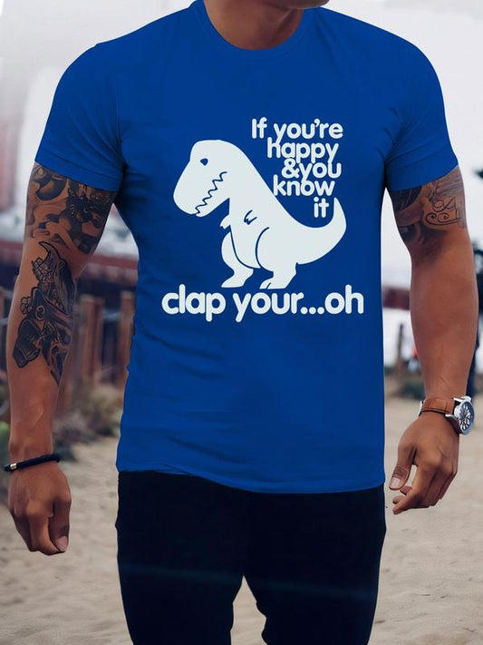Men's Regular Fit Dinosaur & Letter Print Round Neck Tee, Summer Clothes, Casual Soft Comfy Graphic Short Sleeve T-shirt for Summer, Slogan Tees, Men's Top for Daily Wear