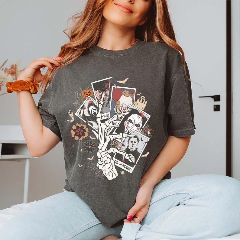 Horror Movie Tarot card Shirts, Trick or Treat Tee, Horror Costume Spooky Shirt, The Ghost, Haunted Shirt Casual Cotton