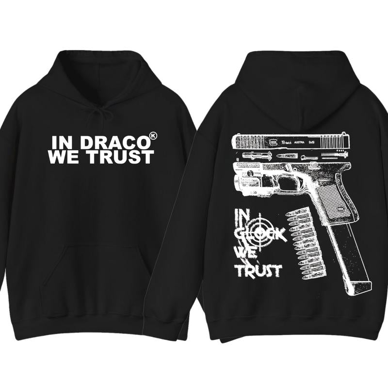IN DRACO WE TRUST Glock Hoodie - Men's & Women's Classic Fit Long Sleeve Hoodie with Full Color Graphic Design, Embroidered Text, and Adjustable Hood