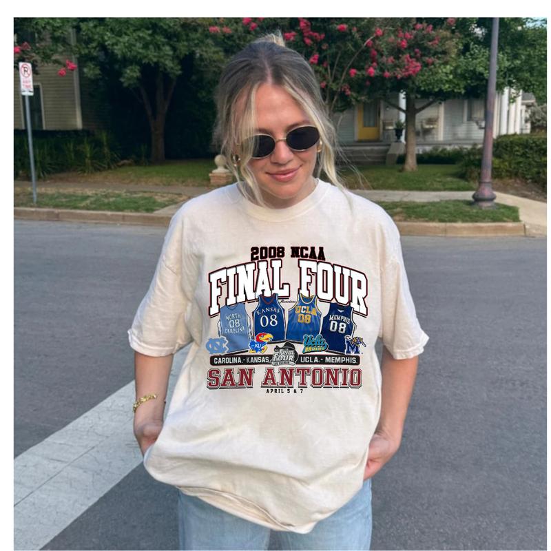 Vintage 2008 NCAA Final Four San Antonio T-Shirt Carolina Kansas UCLA Memphis Top Unisex  Cotton Menswear Retro football fan Tshirt Streetwear