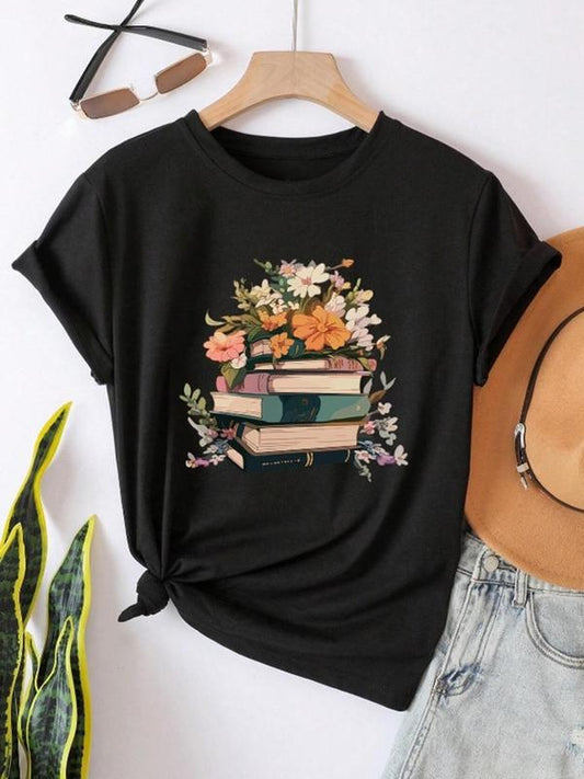 Women's Floral & Book Print Short Sleeve Tee, Summer Clothes Women, Graphic Tees,Ã‚Â Casual Round Neck T-Shirt for Summer, Women's Top for Daily Wear, Su