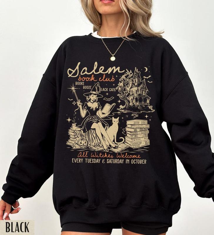 Salem Book Club Sweatshirt, Halloween Crewneck, Retro Halloween Sweatshirt, Vintage 90s Witch Sweatshirt, Halloween Cat Shirt, Bookish Gift, Bookish M