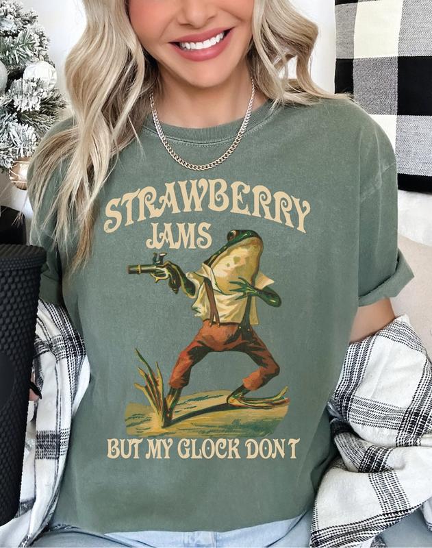 Strawberry Jams But My Glock Don't T-Shirt, Funny Frog T-Shirt, Funny Meme TShirt, 100% Cotton, Crew Neck, Slight Stretch, Breathable & Wear-Resistant