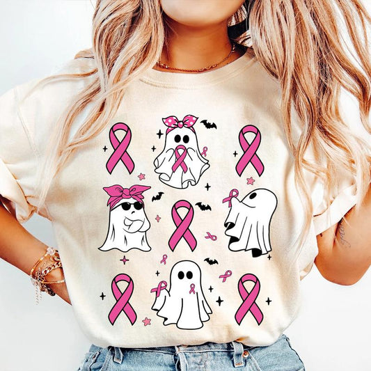 Coquette Breast Cancer Shirt, Ghost Halloween Graphic Tee, Support Squad Shirt, In October We Wear Pink Ghosts, Family Cancer Awareness Gift