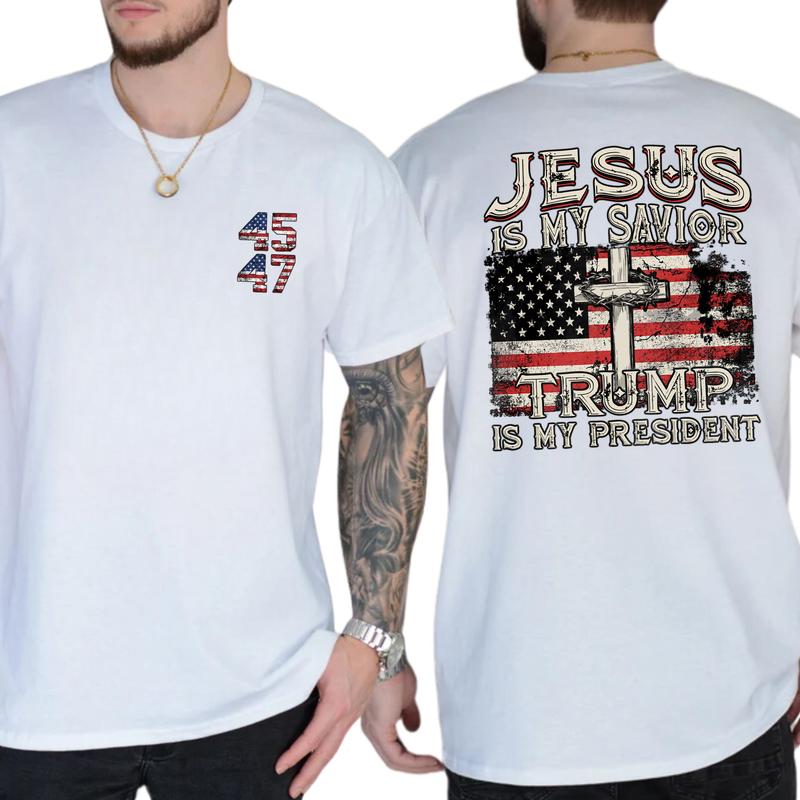 Jesus Is My Savior Trump Is My President 2-Sided Shirt, 45 47 Trump Christian T-shirt, MAGA Republican Tee, Vintage American Flag Tee, Casual Menswear