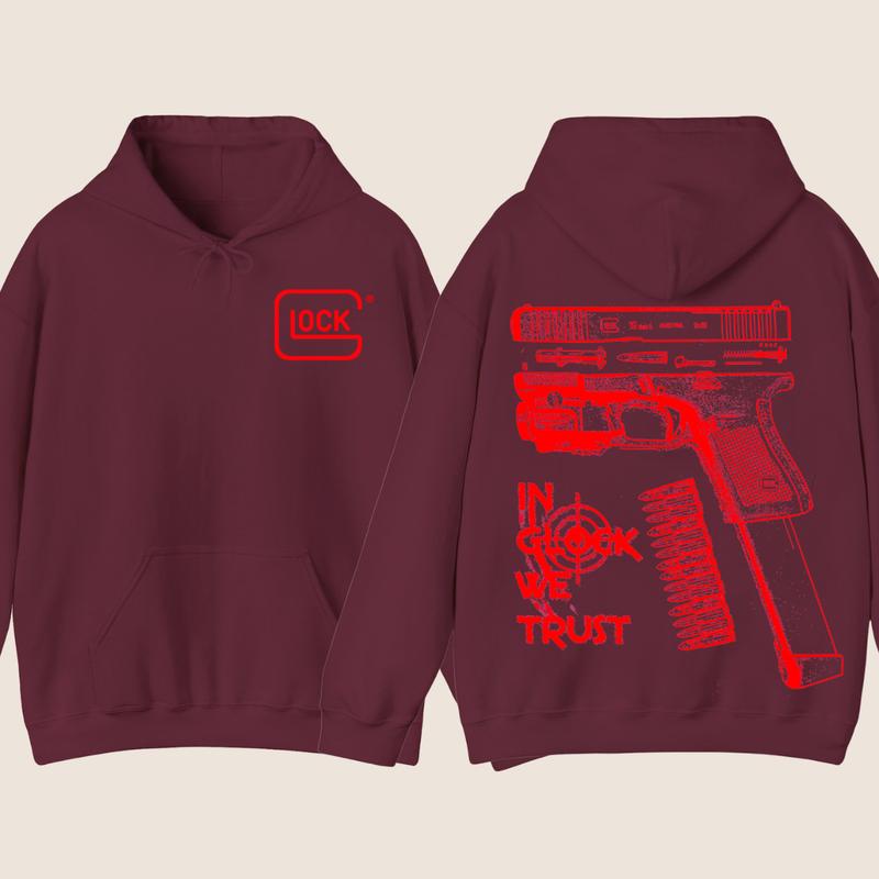 Classic IN GLOCK WE TRUST Double Side Hoodie - Full Color Red Design, Unisex Sweatshirt with Long Sleeve, Glock Shirt