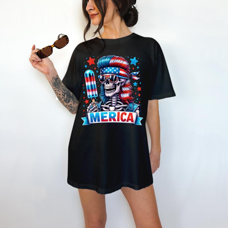 Merica' - T-Shirt, Funny Tee, Patriotic, Summer, Fourth of July,  Skeleton,Bright Graphic, Funny Apparel, Gift Idea, Relaxed Fit, Casual Apparel, Cute