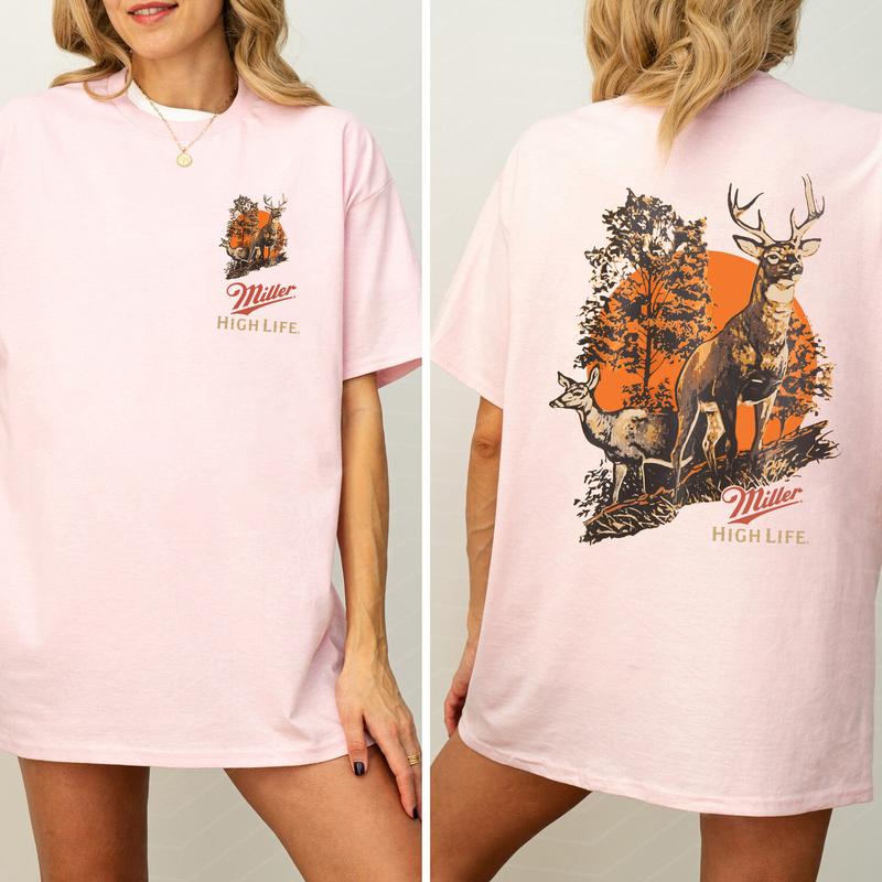 Vintage Miller High Life Deer Hunting 2-Sided Shirt, Men's Buck Hunting T-shirt, Unisex Hunter Tops, Beer Drinking Tshirt, Casual Cotton Womenswear